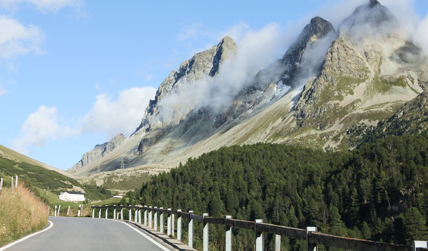 Albula railway viaducts and Albula Pass road near Berg&uuml;n and Preda, Switzerland